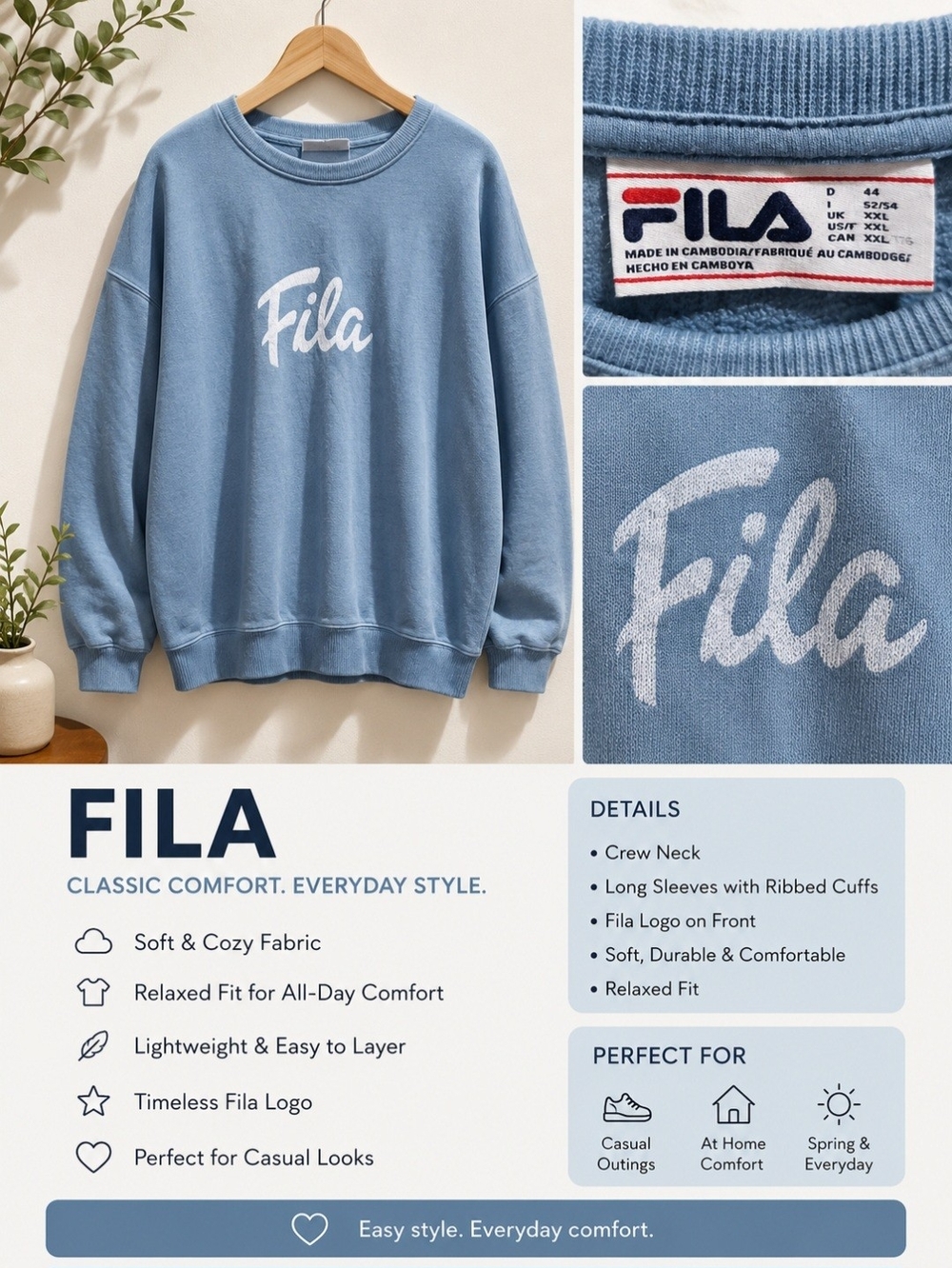 Fila Light Blue Crewneck Sweatshirt with White Script Logo